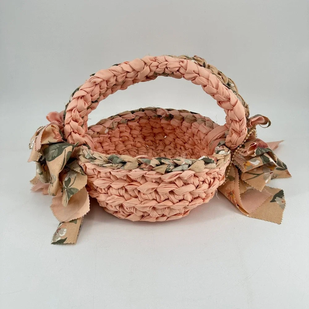 Handmade Peach Floral Woven Fabric Basket with Bows and Pearls Cottagecore Decor